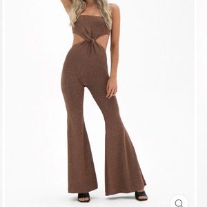 Natalie Rolt Metallic Bronze Flared Jumpsuit